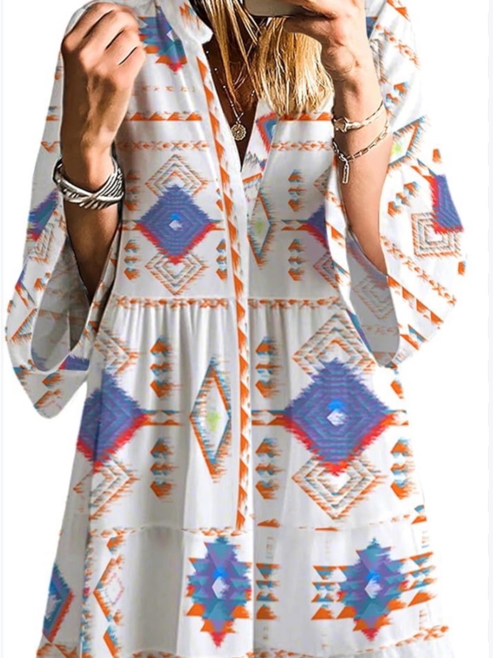 Amazon White Boho Button-Front Dress with Orange and Blue Aztec Print